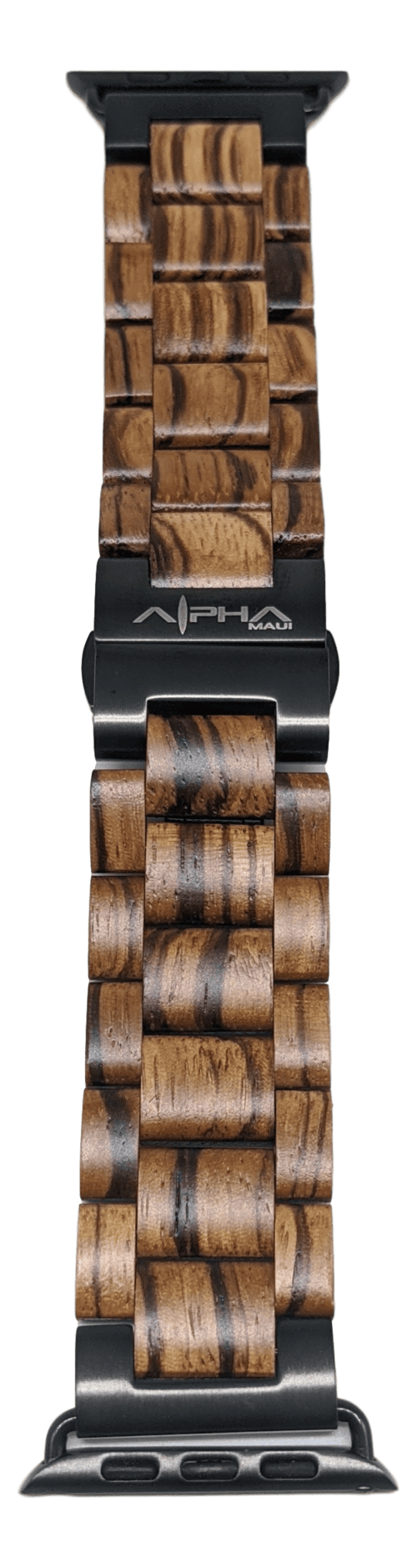 The Alpha Maui Band - Zebrawood 42mm (42-49mm) is a stunning watch band composed of interlinked wooden pieces showcasing alternating dark and light wood grain patterns, perfect for complementing your beach attire. The top section features a metal clasp engraved with a logo. This durable and stylish band effortlessly melds natural wood and metal elements, making it an excellent choice for any beach day in Hawaii.