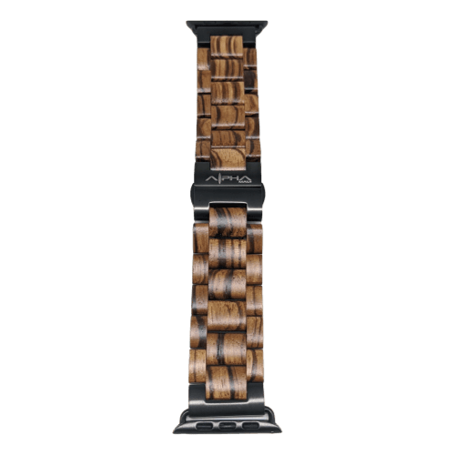 Introducing the Alpha Maui Band - Zebrawood 42mm (42-49mm), a smartwatch band expertly crafted with intricately woven zebrawood and black metal links. The central zebrawood links feature a natural grain pattern, while the sleek black metal links provide a modern contrast. The clasp, engraved with the brand name "Alpha Maui," adds an elegant touch. Ideal for complementing beach attire, this band is designed to enhance your smartwatch style.