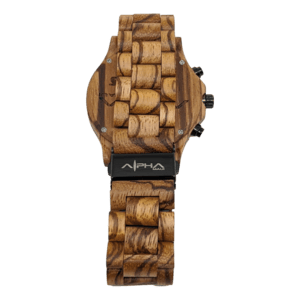 A wristwatch with a wooden band is displayed. The band features a natural wood grain pattern, reminiscent of Hawaii's tropical forests. The back of the watch proudly displays the brand name "Cronus.