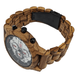 The Cronus wooden wristwatch showcases a round white dial with three smaller dials and black hands. The band consists of wooden links and is secured with a black clasp, making it an ideal accessory for your beach attire. The watch face includes minute markers and features three push buttons on the side, making it a stylish addition to any Ohana gathering.