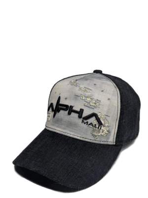 The Alpha Maui The Islander is a black baseball cap with a grey front, featuring a map design of the Hawaiian Islands. The text "Maui" and "PHAT" are prominently displayed on the front panel alongside a stylized wave graphic, embodying the spirit of Aloha.