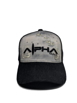 The Alpha Maui The Islander baseball cap features "Alpha Maui" embroidered in the center, showcasing a map of the Hawaiian Islands on the upper front. An additional patch on the left side reads "Hawaiian Islands," making it an ideal addition to your beach apparel. The sleek black brim and sides add a touch of sophistication to its design.