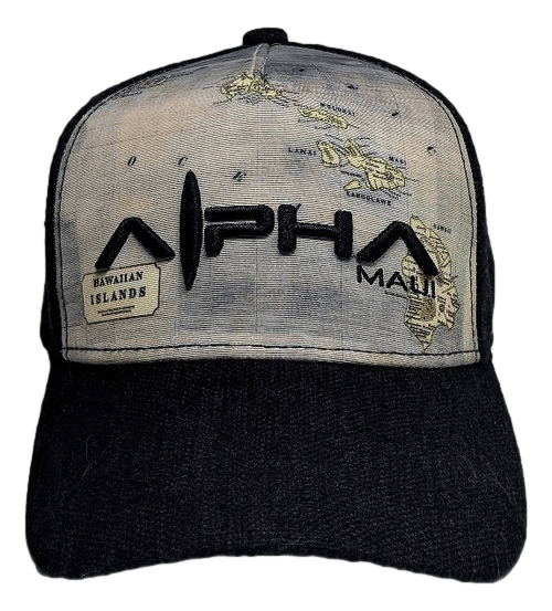 The Alpha Maui The Islander baseball cap features a map of the Hawaiian Islands on the front panel, with "Alpha Maui" in black. A small label near the brim reads "HawaiiAN ISLANDS," embodying the spirit of Ohana. The rest of the hat is dark-colored.