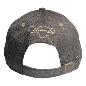 The Alpha Maui CocoNuts II gray baseball cap is displayed from the back, featuring a cutout for size adjustment. The cap showcases a light-colored outline of a state or island with the letters "APHA" embroidered above the opening. Ideal for beach apparel, its adjusting strap includes a small tag with a triangular logo and the word "Maui.