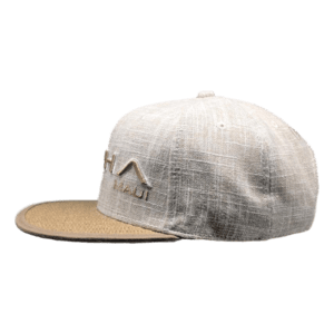 A light gray Wailea Grand baseball cap with a flat beige brim features an embroidered raised design of a wave and palm tree on the front, accompanied by the word "Maui" to encapsulate the spirit of Hawaii. This minimalist and casual cap is perfect for spreading Aloha vibes wherever you go.