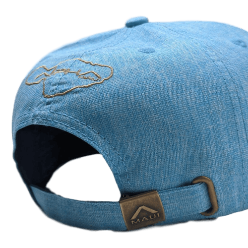 Introducing the Kam 2 blue baseball cap, featuring an adjustable strap with a bronze clasp engraved with "Alpha Maui." Perfect for your beach apparel collection, the back of the cap boasts an embroidered outline of an island. The fabric also has a textured look.