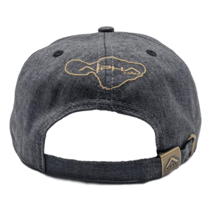 The image shows the back of The La Perouse, a dark grey cap with an embroidered gold outline of the state of Hawaii and the letters "APH," symbolizing Alpha Maui pride. Embodying the spirit of Ohana, this cap features an adjustable strap with a small metallic buckle adorned with a triangular design.