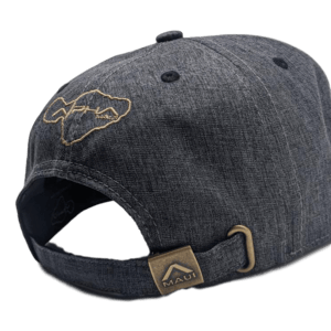 The La Perouse baseball cap in dark gray is displayed from the back, featuring an embroidered outline of Maui island with the word "Maui" underneath. It boasts a brass adjustment clasp inscribed with "Maui" and a fabric strap for size adjustment—ideal beach apparel for your next Aloha adventure.