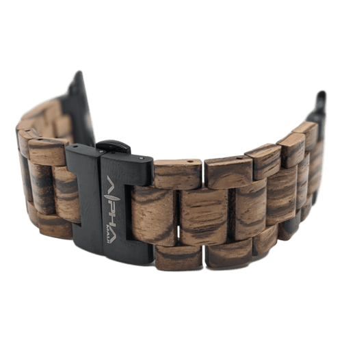 A close-up image of the **Alpha Maui Band - Zebrawood 42mm (42-49mm)** showcases a touch of Hawaii. The wooden band highlights interlocking zebrawood links with a natural, variegated grain pattern. The sleek rectangular dark metal clasp, adorned with a logo and text, perfectly complements the Ohana-inspired beach apparel aesthetic.