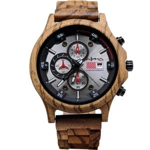 The Cronus wristwatch features a stylish wooden band and casing, making it perfect for complementing any beach apparel. The watch face is predominantly silver, with three black subdials accented by red details, a black outer ring with numerals, and two push buttons alongside the crown on the right—ideal for your next trip to Hawaii.