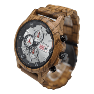The Cronus wristwatch features a wooden band and case, evoking the spirit of Hawaii. Its silver face, adorned with black and red accents, includes three subdials, a date window, and multiple timekeeping features. The design beautifully combines natural wood textures with a modern, intricate dial, embracing an Aloha vibe.
