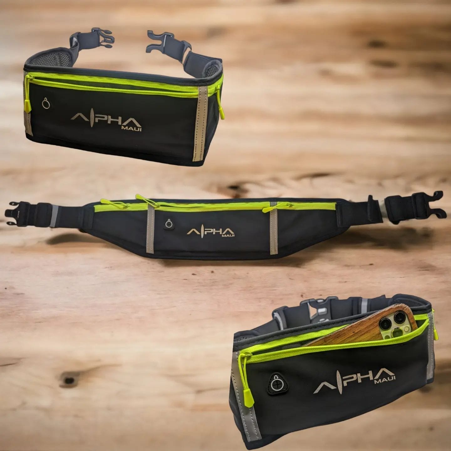 Three views of a black and neon-green waist bag with "Alpha Maui" and a water droplet icon printed on it. The bag, perfect for Hawaii beach apparel, features a main zipper compartment and a smaller front pocket. One view shows the bag with a phone partially inserted in the front pocket.