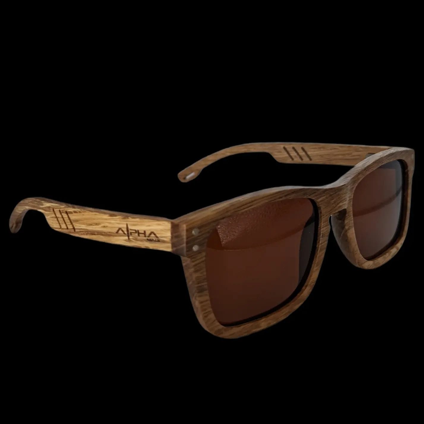 A pair of stylish sunglasses with wooden frames and dark lenses. The frames, exuding a natural wood grain texture, have the brand name "AHA" engraved on the side arms. Reminiscent of Aloha vibes, the dark brown lenses provide a striking contrast against the wood. The background is black.