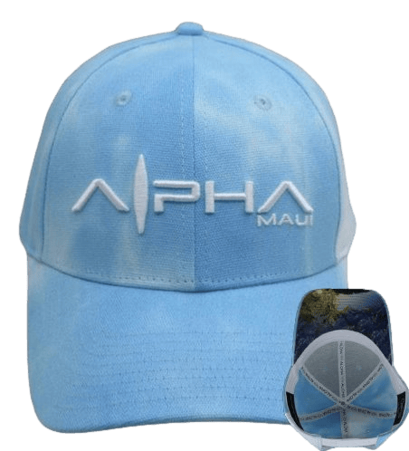 Blue Sky baseball cap in light blue, featuring a white "Alpha Maui" logo on the front and a slightly curved brim. An overlay in the bottom right corner reveals the inside pattern of the cap, showcasing a tropical Hawaii scene.