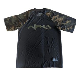 Product Description: The Armor-1 is a short-sleeve athletic t-shirt featuring a black body with camouflage sleeves. It proudly displays the words "Alpha Maui" in green across the chest, accompanied by a small logo below it, encapsulating the spirit of Aloha for your active lifestyle.