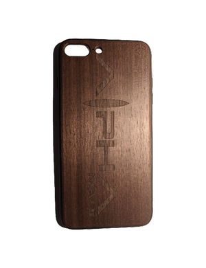 A product image showcasing the Alpha Case iPhone 7/8, a wooden smartphone case with a smooth finish. It features the engraved text "Alpha Maui" in a bold, angular font. The camera and flash cutouts are clearly visible at the top left corner against a plain black background.