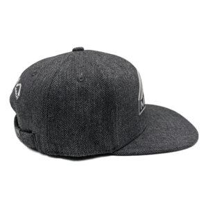 Introducing *The Specialist*, a dark gray baseball cap with a flat brim and adjustable snapback closure. Perfect for beach apparel, this hat features a subtle embroidered logo on the side and another logo on the back, ideal for showcasing your love for Hawaii and Ohana vibes.