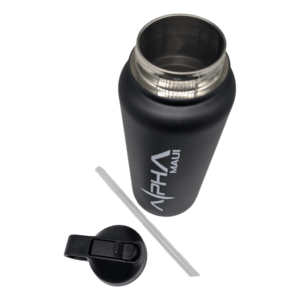 A black metal water bottle labeled "Alpha Thermo" is displayed with its lid removed and positioned beside the bottle along with a slim straw. The interior of the bottle is crafted from stainless steel. Ideal for your beach apparel collection, this bottle captures the essence of Ohana and adventure.