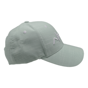 Light green baseball cap seen from the side, featuring a slightly curved bill and embroidered white letters on the front. Perfect for beach apparel, this Sprecklesville-themed cap boasts a casual, simple design with visible stitching on the panels and bill—ideal for any Hawaii adventure.