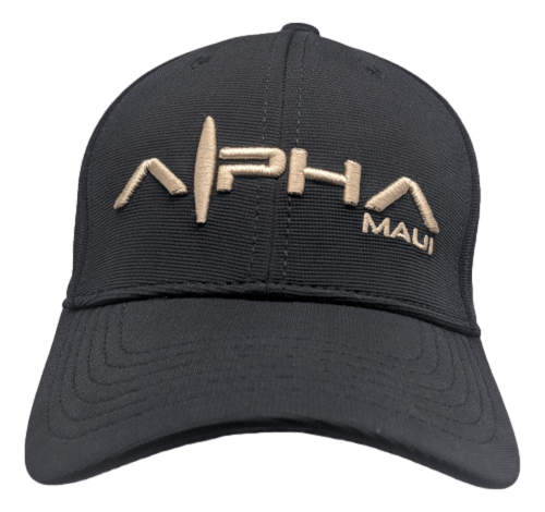 The Alpha Maui Flexus is a black baseball cap showcasing an embroidered "Alpha" logo with a heartbeat wave seamlessly integrated into the "A" letters, and "Maui" written below in smaller text. This stylish piece of Alpha Maui beach apparel features a curved brim and prominent stitching details.