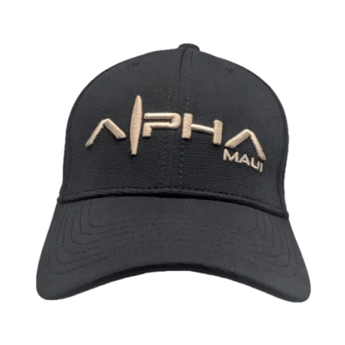 The Alpha Maui Flexus is a black baseball cap with "APHA" in large beige letters and "Maui" in smaller beige text on the side, featuring a stylized sound wave pattern within the "APHA" design.