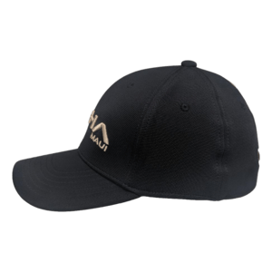 The Alpha Maui Flexus is a black baseball cap with a curved brim, showcasing gold text and design on the front left side. The text reads "Alpha Maui" beneath a stylized mountain peak design. This hat features ventilation eyelets and an adjustable strap at the back, making it perfect for your next Hawaii adventure.