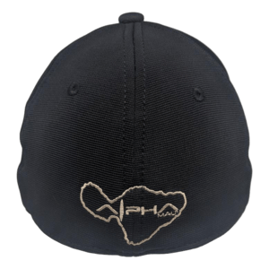 A close-up view of the back of a black Alpha Maui Flexus baseball cap, showcasing an embroidered outline of the island of Maui. The outline features the text "Maui" and "XPH" seamlessly integrated into the design, making it an ideal addition to your beach apparel collection. Embrace the Ohana spirit of Hawaii with every wear.