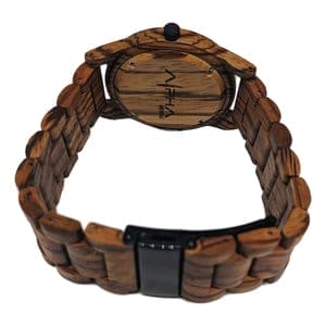 The Island Time wristwatch features a round face and a segmented wooden strap, making it the perfect accessory for your beach apparel. The back case displays a natural wood grain pattern and proudly showcases the Alpha Maui logo in stylish text. Its sleek metal clasp, designed to look as if it's in an open position, embodies Hawaii's laid-back vibe.