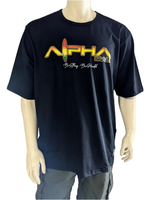 A mannequin showcasing "The Vibes" dark short-sleeve t-shirt, featuring the text "Alpha Male" in vibrant colors on the front and the uplifting message "Be Strong, Be Helpful" underneath. Paired with dark cargo pants, it exudes a laid-back style ideal for beachwear. The background is plain and not visible.