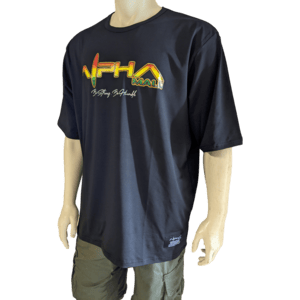 A mannequin showcasing "The Vibes" outfit, featuring a black oversized T-shirt adorned with a vibrant "NPH" logo and the phrase "Nothing but Hustle" on the chest, embodying the spirit of Ohana. The look is completed with olive green cargo shorts. Set against a plain white backdrop, this ensemble highlights a casual yet energetic style.