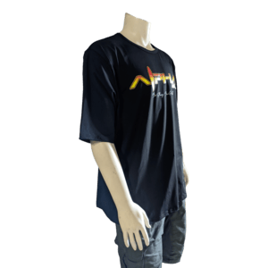 A mannequin is showcasing "The Vibes" T-shirt in black, featuring a vibrant "Alpha Maui" logo and the motto "always be Alpha" below it. The outfit is completed with gray cargo shorts, set against a plain white background.