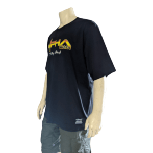 A mannequin dressed in "The Vibes" T-shirt, showcasing a black design with colorful text and white script that reads "Ohana" on the front. It's paired with dark green cargo shorts, exuding Aloha vibes. The mannequin is shown from the side, facing slightly to the right.