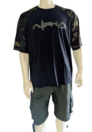 A mannequin is dressed in an Armor-1 black T-shirt featuring camouflage sleeves and the text "Alpha Male" on the front, exuding an Alpha Maui vibe. Paired with olive green cargo shorts, the mannequin stands against a plain white background, blending style with a hint of Aloha spirit.
