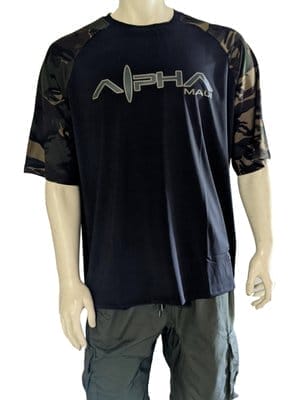 A mannequin is showcasing the Armor-1, a black T-shirt with "Alpha" prominently displayed and "MAG" below it, evoking the style of Alpha Maui beachwear. The short sleeves feature black and camouflage patterns that pair perfectly with green cargo pants, creating a relaxed Ohana vibe.