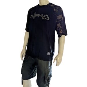 A mannequin is dressed in a black Armor-1 T-shirt with the text "Alpha Maui" printed on the front and dark camouflage-patterned sleeves. The mannequin also sports dark cargo shorts, creating an Aloha-inspired casual and sporty outfit. The background is white and uncluttered.