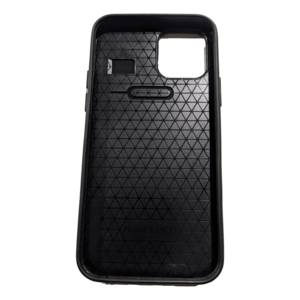 An iPhone 12 Case in black, featuring a triangular pattern on the interior surface. The case includes precise cutouts for the camera, flash, and auxiliary port. Inscribed at the bottom inside the case is "Phone 12/6.1," adding an Alpha Maui touch. It perfectly complements your beach apparel.