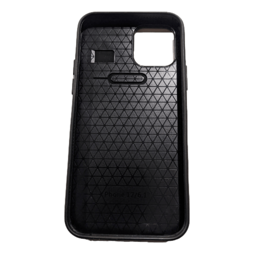 A black phone case with a geometric triangle pattern on the inner surface, reminiscent of Hawaii's natural beauty. It has cutouts for the camera, flash, and other features, labeled "iPhone 13/6.1" inside.