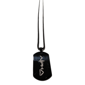 The Alpha Tag is a black dog tag necklace with a thin chain that features the word "Alpha Maui" engraved vertically. The tag boasts a brushed metal finish and includes a small loop at the top for the chain to pass through.