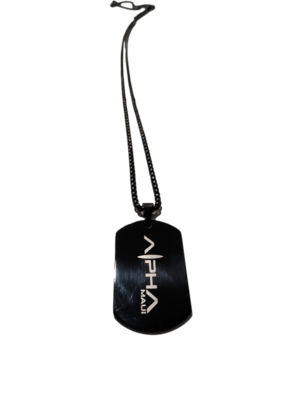 Against a plain background, the Alpha Tag pendant hangs on a black chain. The dog tag is engraved with the words "Alpha Maui" in bold white letters using a stylized font, with "Ohana" written vertically beneath it.