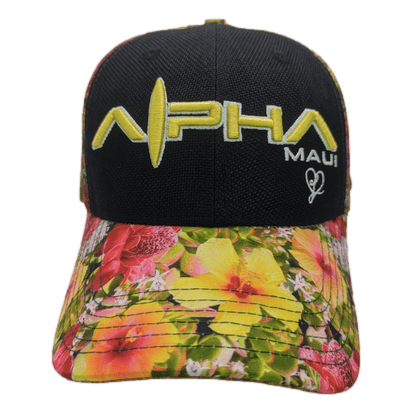 The Alpha Maui Botanical Queen is a black baseball cap with "Alpha Maui" embroidered in yellow on the front, perfect for showcasing your Aloha spirit. The cap features a colorful floral brim adorned with tropical flowers in shades of red, pink, yellow, and green, embodying the vibrant essence of Hawaii.