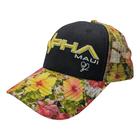 Introducing the Alpha Maui Botanical Queen, a vibrant baseball cap featuring a colorful floral brim and sides combined with a sleek black front. Bold, yellow "Alpha Maui" text adorns the front, accompanied by a charming small heart outline underneath. Perfect for showcasing your Ohana spirit, the back is crafted from meshed fabric in various lively colors.