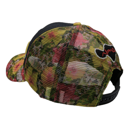 Rear view of the Alpha Maui Botanical Queen, a multicolored mesh cap with a nature-inspired camouflage pattern. Perfect for beach apparel, this cap features a black and red Alpha Maui logo on the back, above an adjustable snapback closure.