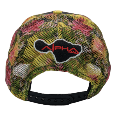 The Alpha Maui Botanical Queen is a vibrant mesh snapback hat that showcases a tropical pattern in green, pink, and yellow hues. The back of the hat features an outline of a Hawaiian island with "Alpha" and "Maui" boldly written in red text within the outline, capturing the essence of Aloha.