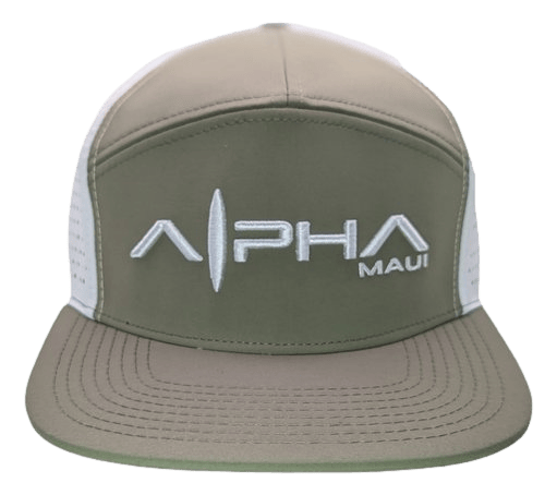 An Olive Branch trucker cap in green and white boasts an embroidered logo on the front that reads "Alpha Maui" in white text. Inspired by the Aloha spirit of Hawaii, this cap features a curved brim and a mesh back.