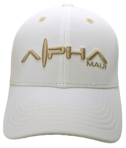 Introducing the Alpha Maui Ghost Flex: a white baseball cap with beige embroidery sporting the text "Alpha Maui" on the front. The "A" in "Alpha" is creatively designed to resemble a waveform, echoing Hawaii's ocean waves, making it an ideal addition to your beach apparel collection. This stylish hat also features detailed stitching on the brim and crown for added flair.