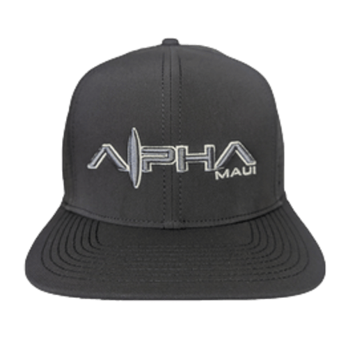 The Alpha Maui Waimana II is a black snapback hat featuring the text "Alpha Maui" in white embroidery. The word "Alpha" includes a surfboard graphic as the letter "L," making it part of the design. It's perfect beach apparel for those who embrace the Ohana spirit of Alpha Maui.