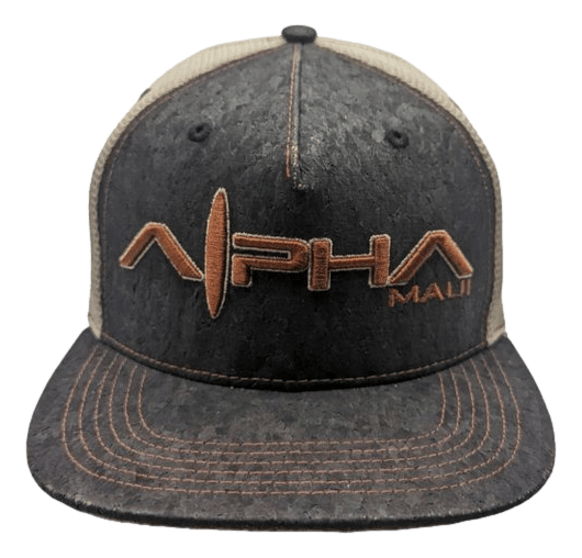 The Alpha Maui Sliding Sands baseball cap combines black and brown hues with a white mesh back. The front showcases an embroidered logo featuring the text "Alpha Maui" in stylized orange lettering. Ideal for embracing the Aloha spirit, this cap is adorned with brown stitching accents on the brim and front panels.