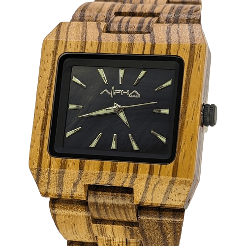 The Pueo Time is a wooden wristwatch with a square face and dark dial, featuring geometric hour markers and a corrugated wooden band. The brand logo sits at the 12 o'clock position, with a crown on the side for adjusting time—a perfect blend of Alpha Maui craftsmanship and Hawaiian elegance.