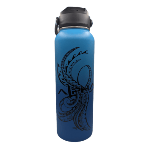 The Alpha Maui Band - Zebrawood 42mm (42-49mm) is a stylish and sustainable water bottle with a sleek black screw-on cap. Perfect for pairing with your beach attire, it boasts an elegant blue finish adorned with an intricate abstract tribal design that covers much of its surface. The white background enhances the bottle's aesthetic appeal, making it stand out beautifully.