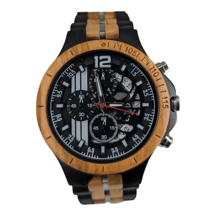 The Atlas is a stylish wristwatch featuring a black dial with white hour markers, three sub-dials, and a date function. It boasts a wooden bezel reminiscent of beach apparel and matching accents on the black strap, complemented by two metallic pushers on the right side.